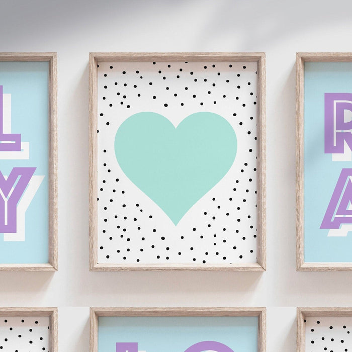 Aqua and purple playroom, aqua purple girl's bedroom art, wall decor for little girl room, play read love art print set, aqua purple hearts