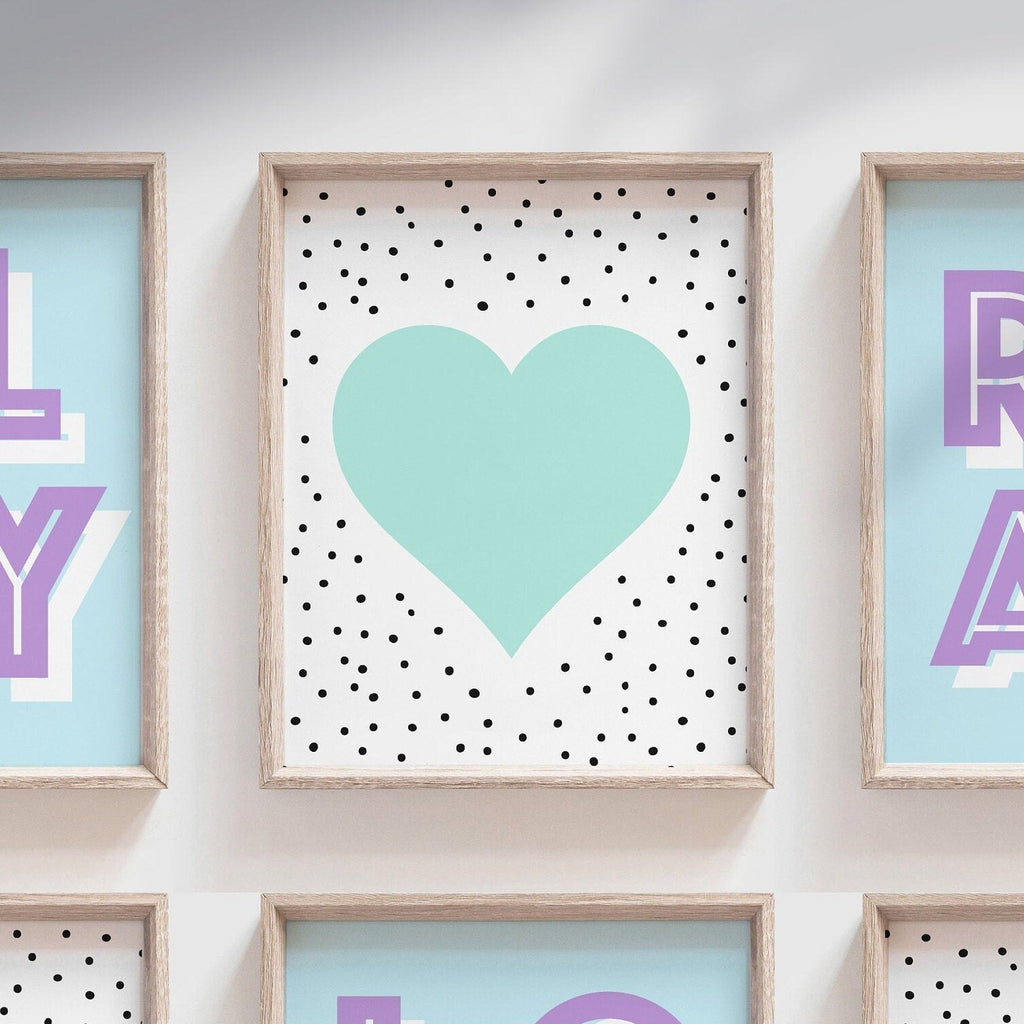 Aqua and purple playroom, aqua purple girl's bedroom art, wall decor for little girl room, play read love art print set, aqua purple hearts