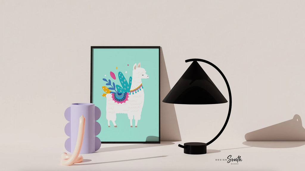 Llama alpaca birthday gift, llama wall art nursery print, baby alpaca cute llama flower crown, peach coral lilac mint, nursery succulent art