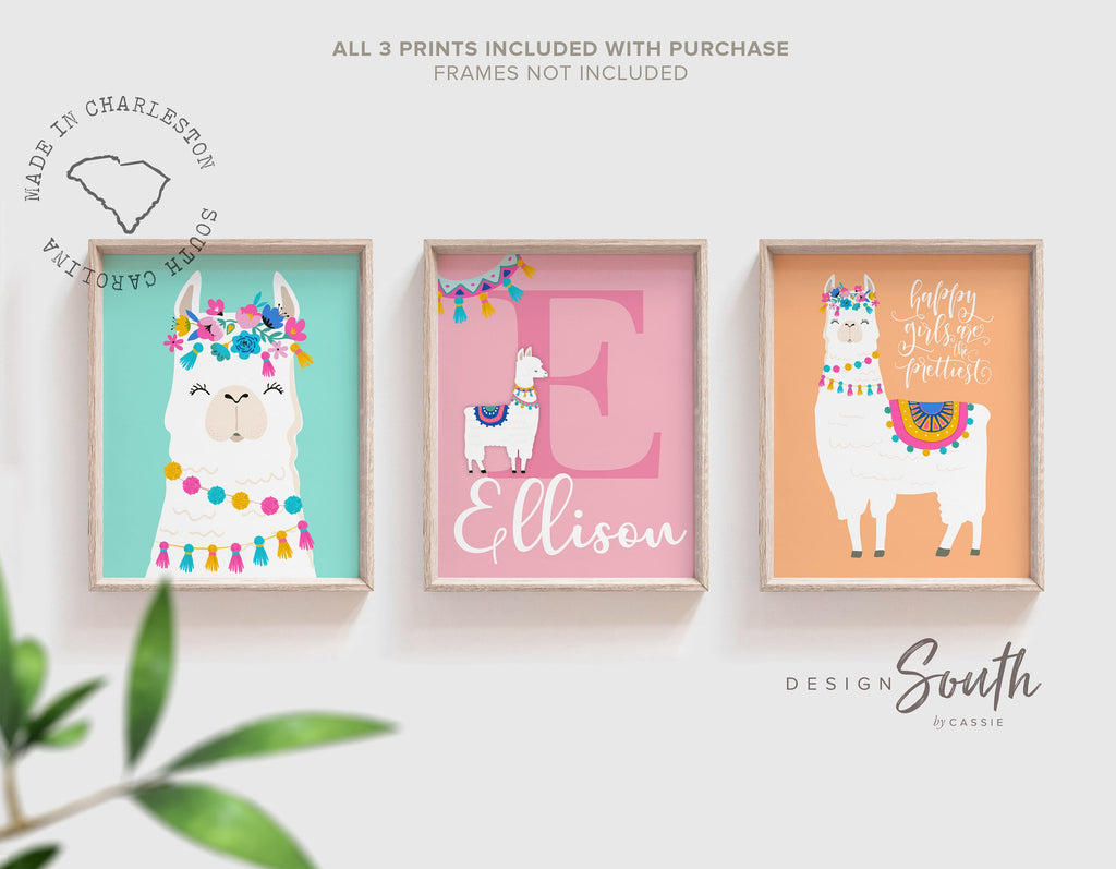 Llama gifts, llama girl&#39;s room, playroom wall ideas for little girl, llama baby shower gift, personalized colorful alpaca cactus pastel art