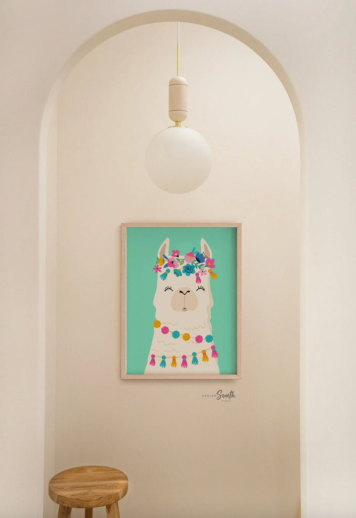 Llama gifts, llama girl&#39;s room, playroom wall ideas for little girl, llama baby shower gift, personalized colorful alpaca cactus pastel art