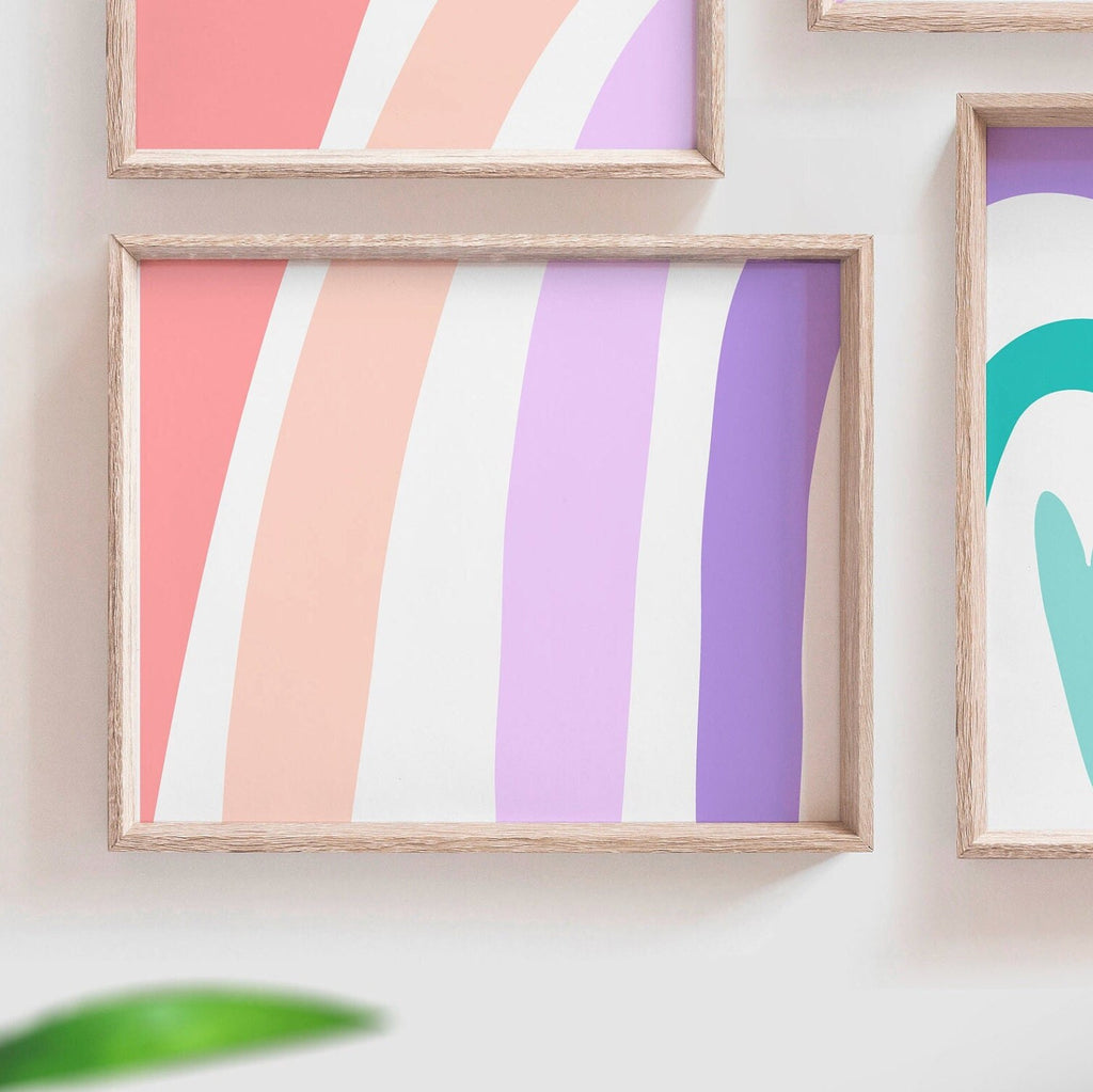 Rainbow nursery teal aqua purple lilac lavender peach coral, heart love girls name personalized gift, purple and teal nursery, bedroom wall