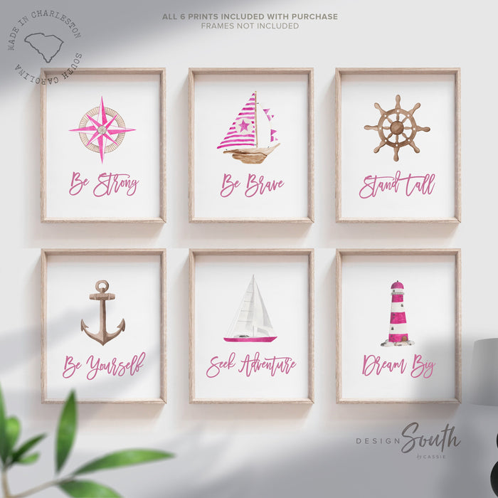 Nautical girl room art, anchor ship wheel sailboat collection nautical wall prints, nautical nursery art, ocean theme wall art, sea baby art