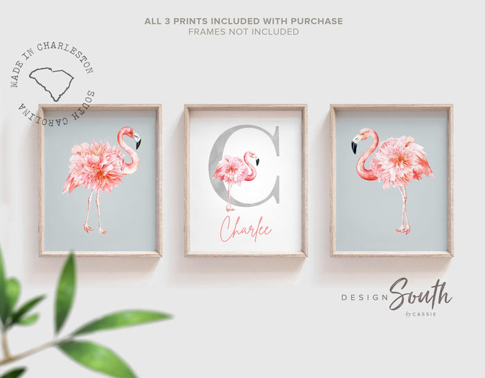 Pink and gray nursery art, pink and gray nursery decor baby name personalized, flamingo girls name, custom girl sign tropical nursery themed