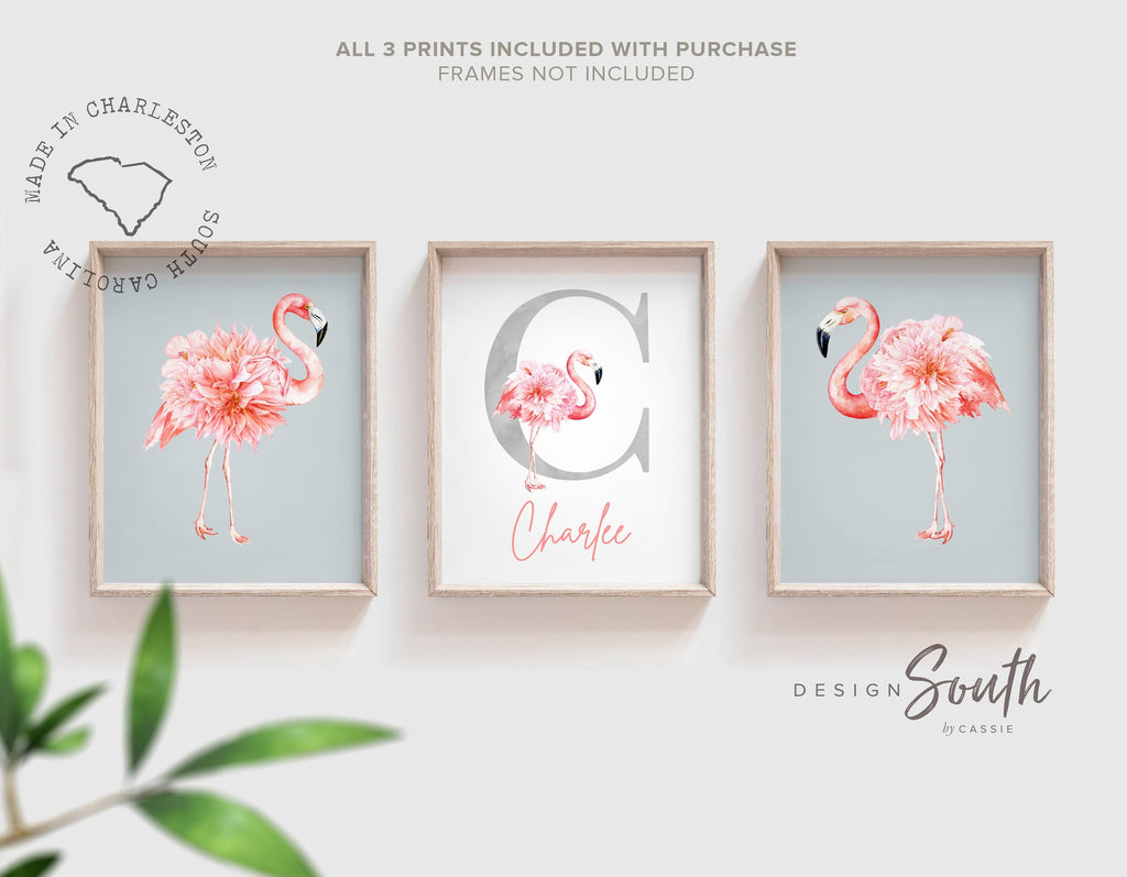 Pink and gray nursery art, pink and gray nursery decor baby name personalized, flamingo girls name, custom girl sign tropical nursery themed