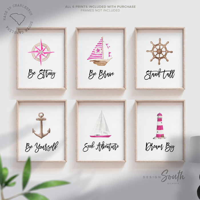 Nautical girl room art, anchor ship wheel sailboat collection nautical wall prints, nautical nursery art, ocean theme wall art, sea baby art