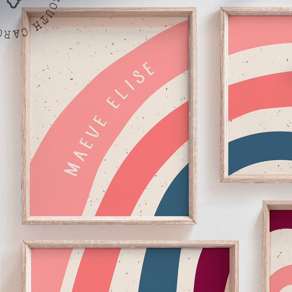 Boho coral pink navy blue nursery, you are so loved, nursery wall art rainbow, deep red maroon burgundy nursery, boho kid room art print set