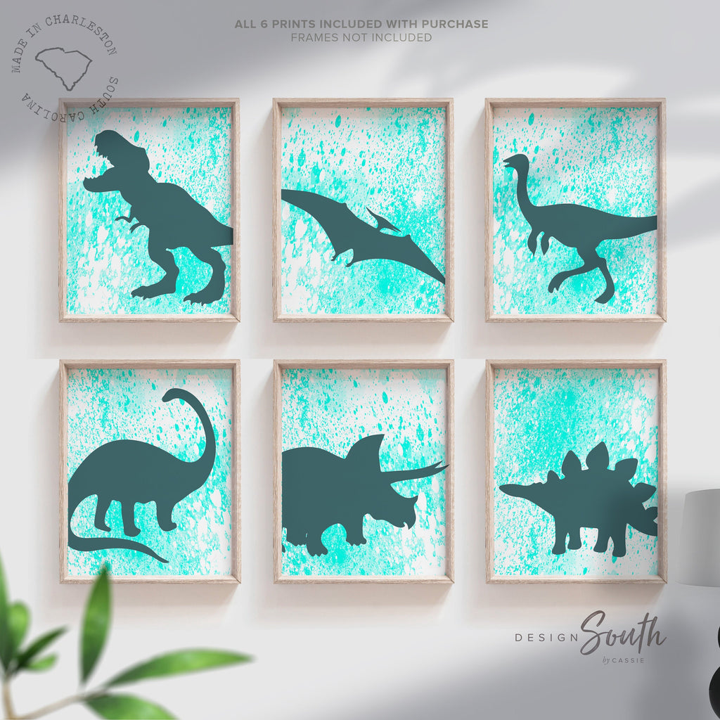 Aqua teal blue boy bedroom decor, wall art for boys aqua teal dinosaurs, wall collection of dinosaurs, turquoise boy bedroom, toddler prints