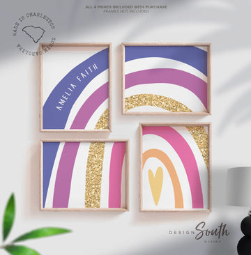 Girl rainbow art, little girl's name signs rainbow themed room, rainbow wall art for playroom bedroom nursery, pink purple and gold decor