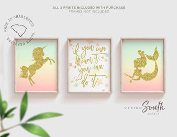 Unicorn room decor, gold sparkle unicorn wall art, if you can dream it inspirational quote for girls, pink mint and gold sparkle nursery art