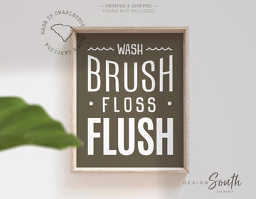 Wash, brush, floss, flush, bathroom print in brown and white, bathroom print for boys, brown bathroom print for boys or girls, white brown