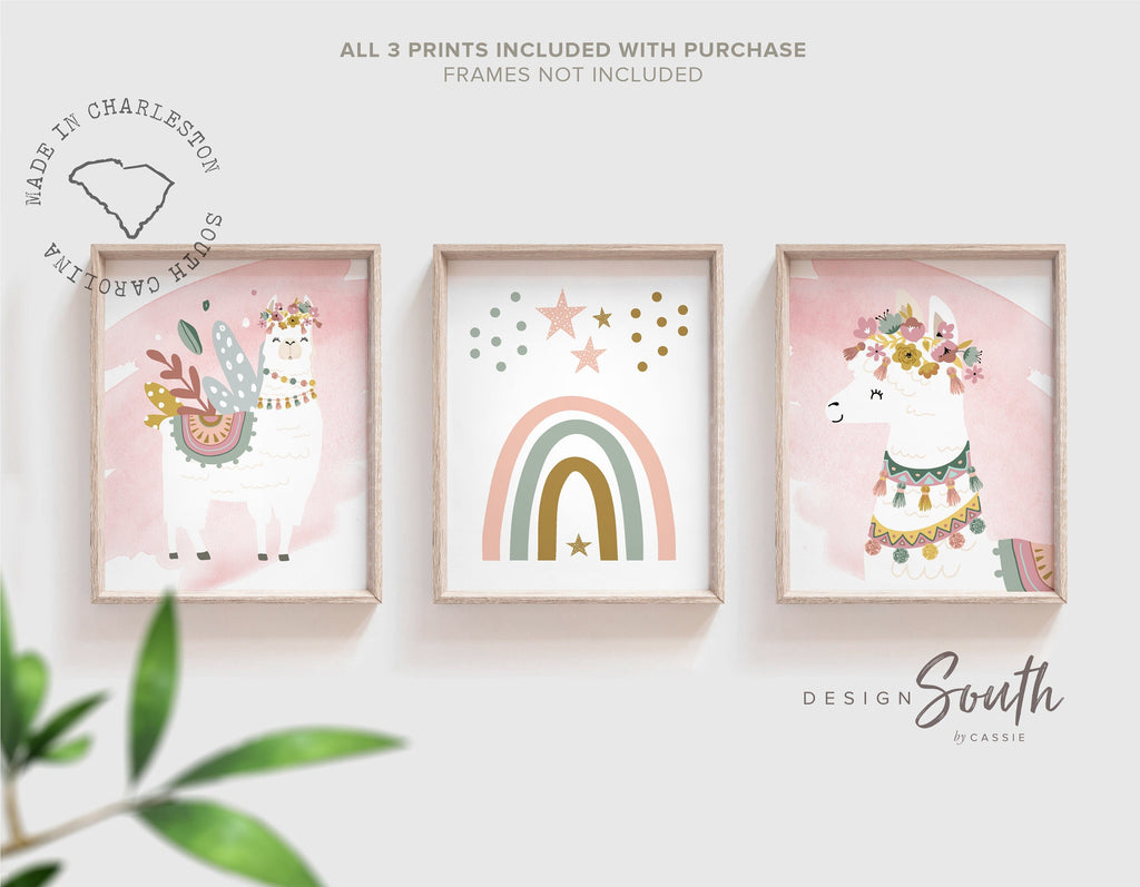 Boho nursery decor, boho nursery wall art idea, print set llama mauve pink succulents, llama themed baby room, wall decor girl bedroom llama