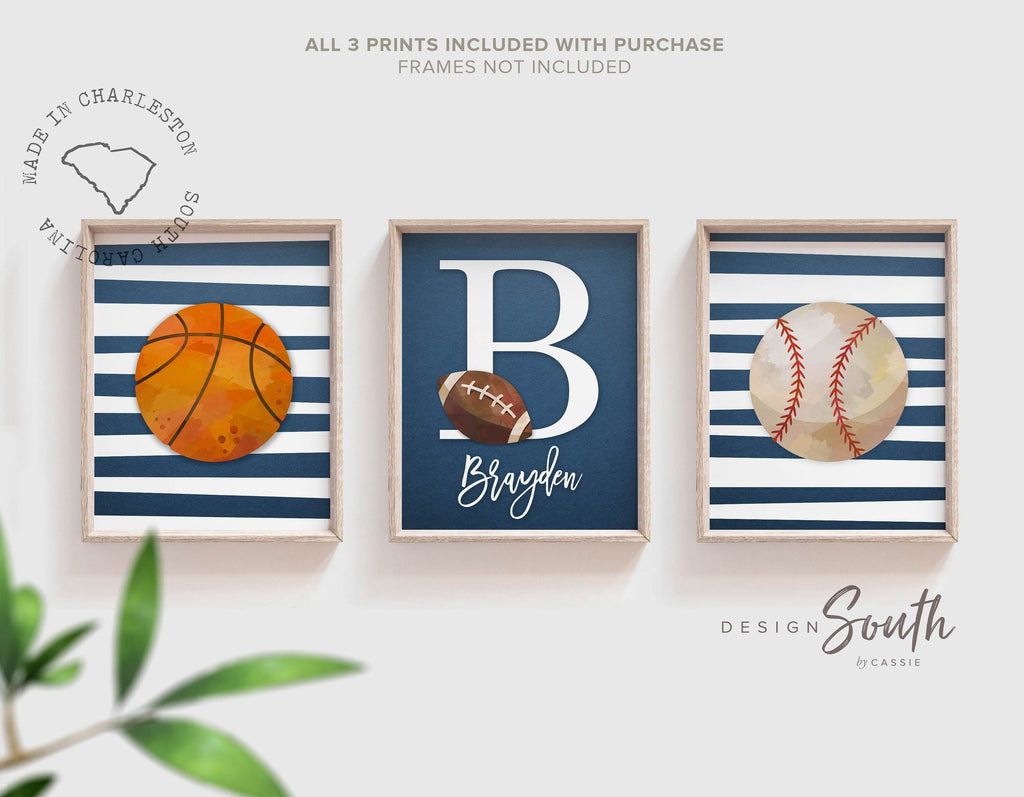 Personalized gift for boy sports theme nursery, boys name art prints sports, basketball baseball football name decor, blue sports wall decor