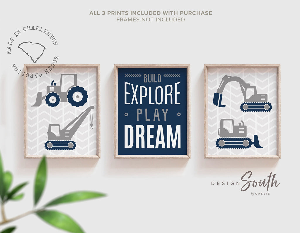 Boys room construction navy blue and gray, build explore play dream, construction equipment vehicles, boys bedroom decor, wall art for boys