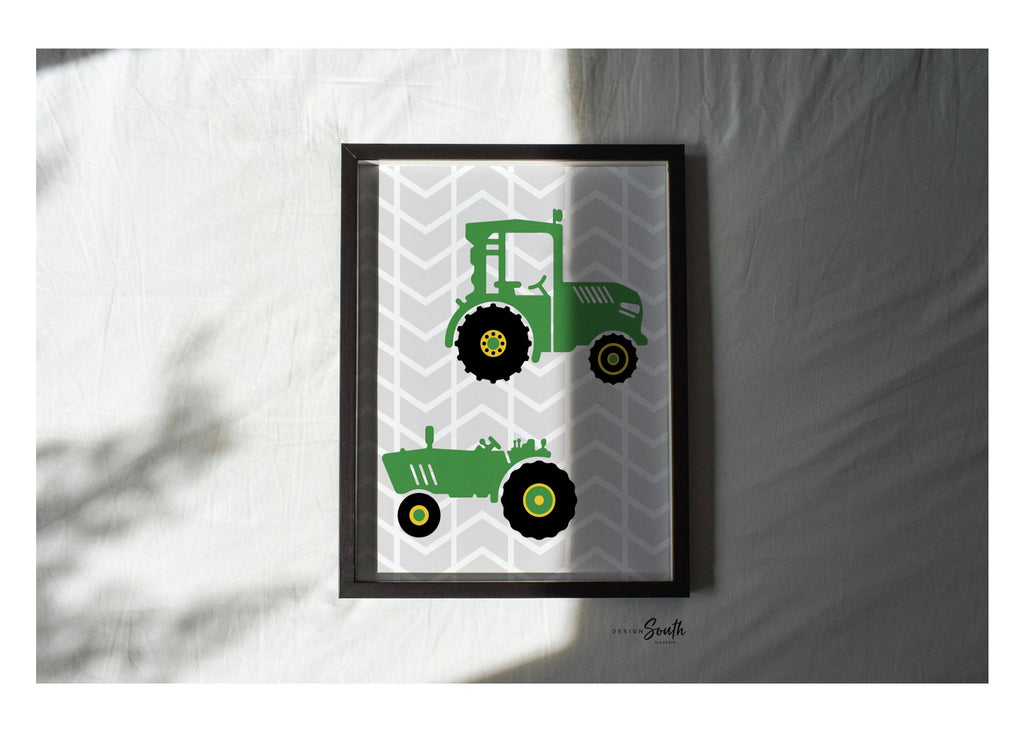 Kids farm tractor truck theme bedroom decor, baby boy tractor gift, boy nursery tractor theme, print poster set green gray tractor trucks