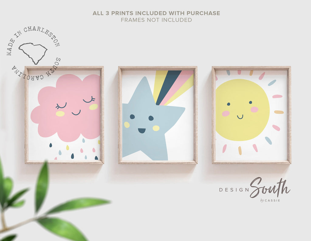 Trendy pastel nursery, shooting star wall art, nursery kids bedroom decor star cloud sun, neutral pastel newborn, sunshine nursery print set