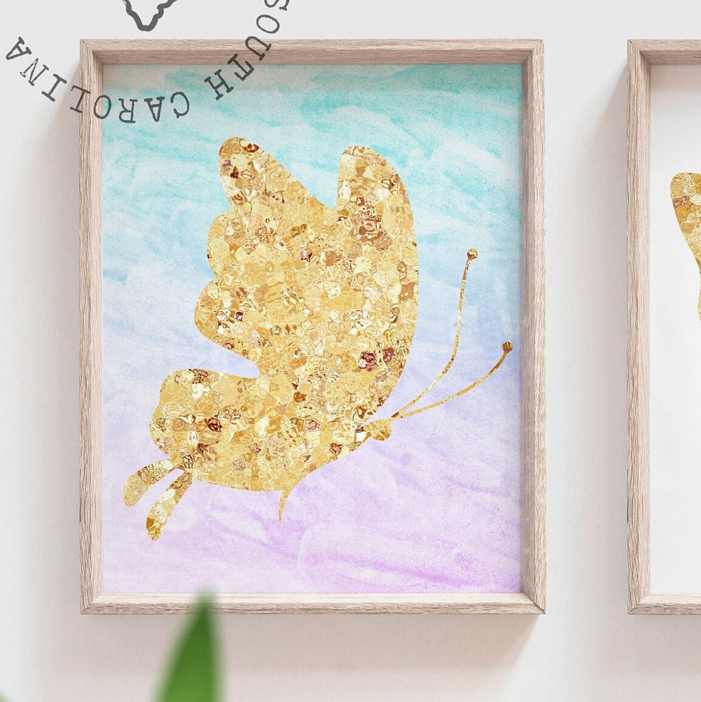 Gold butterfly art, nursery or bedroom butterfly themed, art for girls gold sparkle butterflies, baby room butterfly wall art, print set 3