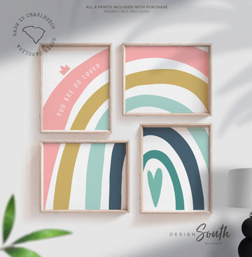 Girl nursery decor, modern wall decor for girls, love heart crown print set, rainbow themed nursery, bedroom wall decor little girl ideas