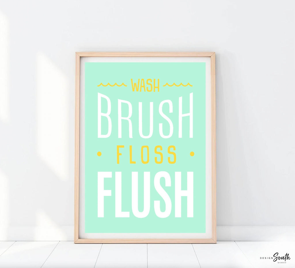 Bathroom wall print for children, mint green kids bathroom decor, wash, brush, floss, flush, bathroom prints for boys girls, rubber duck art