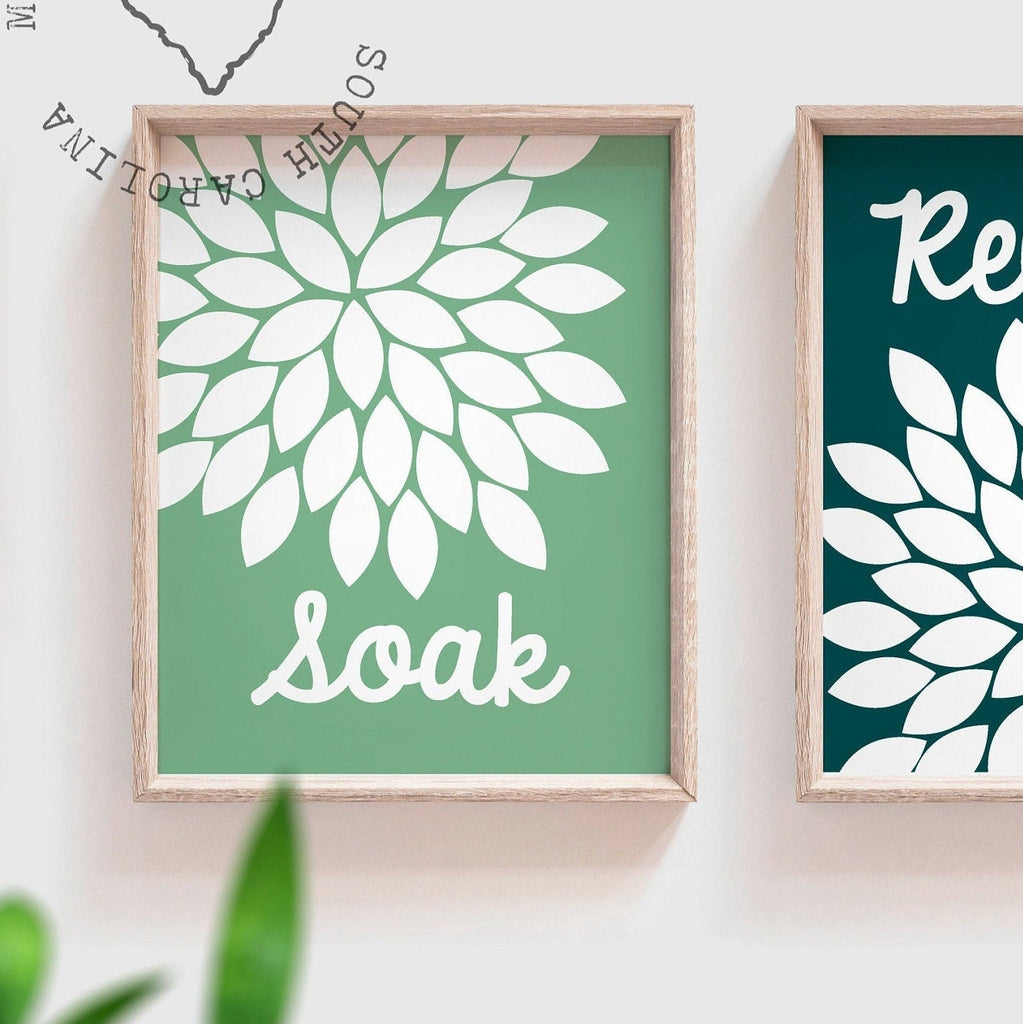 Green coral pink bathroom wall decor, soak relax unwind flower art for bathroom, adult bathroom art, childrens wall art, bathroom flower art
