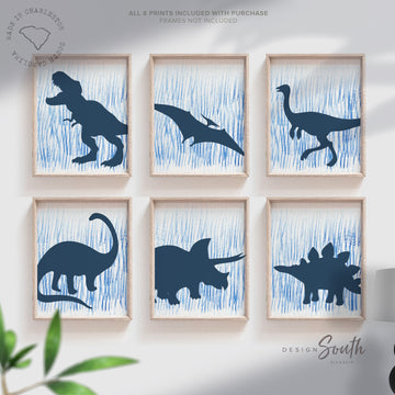 Blue ombre dinosaur wall art, blue dinosaur art print, nursery wall boy dinosaur, dino silhouette watercolor decor for nursery, dinosaur set