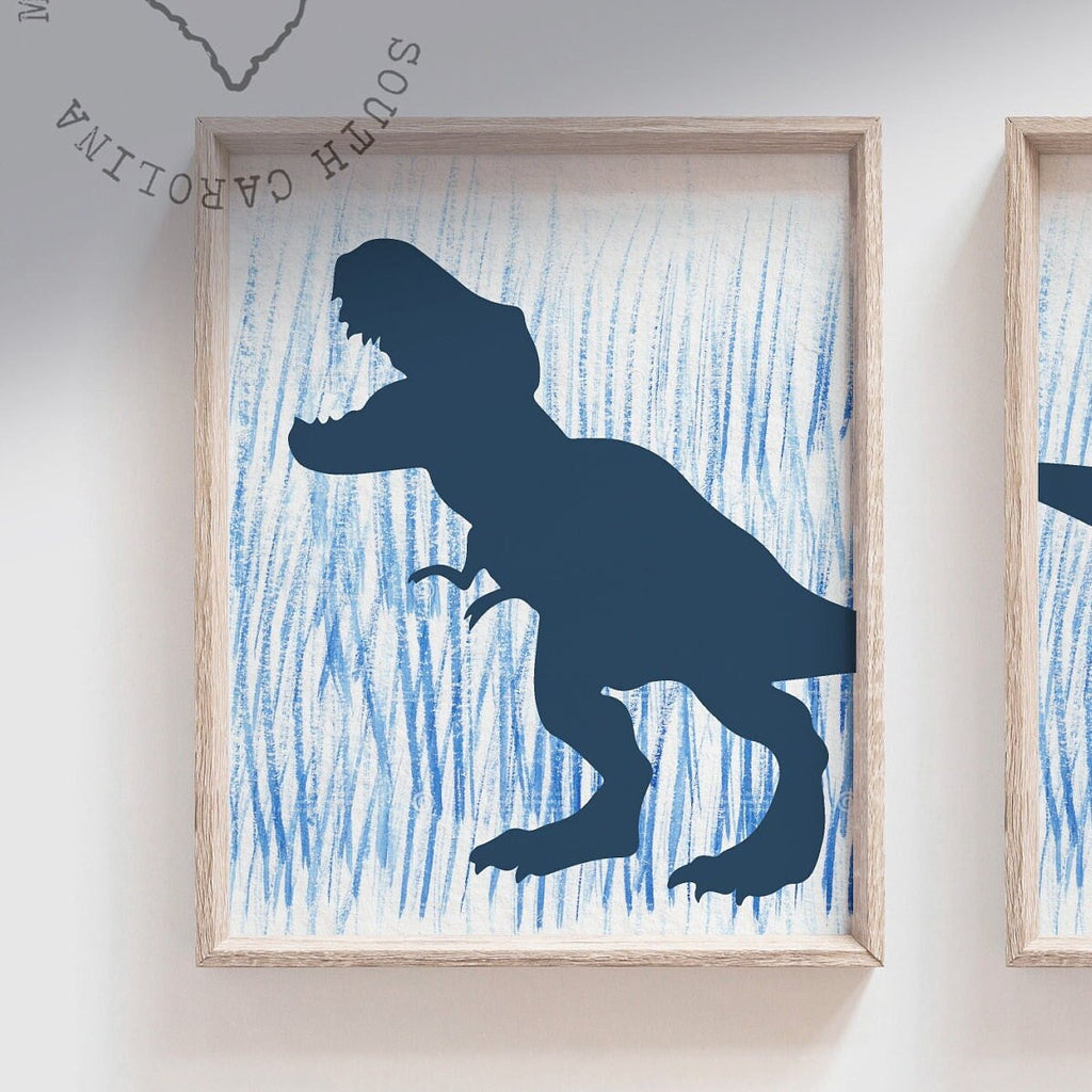 Blue ombre dinosaur wall art, blue dinosaur art print, nursery wall boy dinosaur, dino silhouette watercolor decor for nursery, dinosaur set