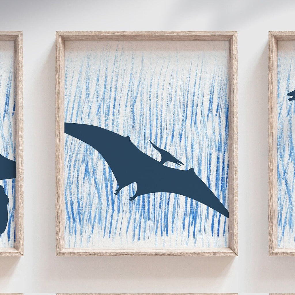 Blue ombre dinosaur wall art, blue dinosaur art print, nursery wall boy dinosaur, dino silhouette watercolor decor for nursery, dinosaur set