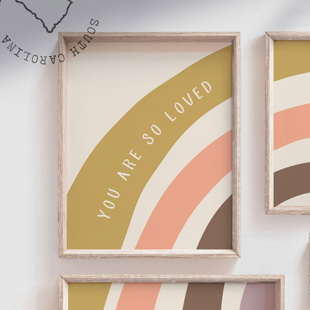 Kids rainbow art, earthy rainbow wall hanging print art, baby room neutral boho colored art, child neutral playroom rainbow, you are loved