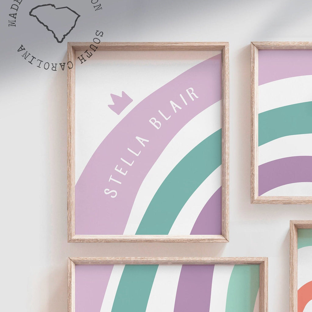 Rainbow nursery or bedroom, baby girl wall art theme rainbow personalized name, purple nursery art print, rainbow baby room wall decor heart