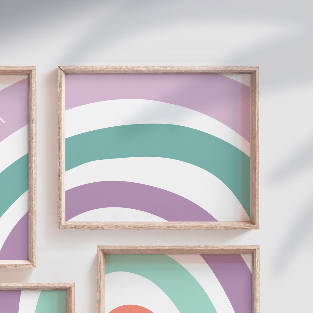 Rainbow nursery or bedroom, baby girl wall art theme rainbow personalized name, purple nursery art print, rainbow baby room wall decor heart