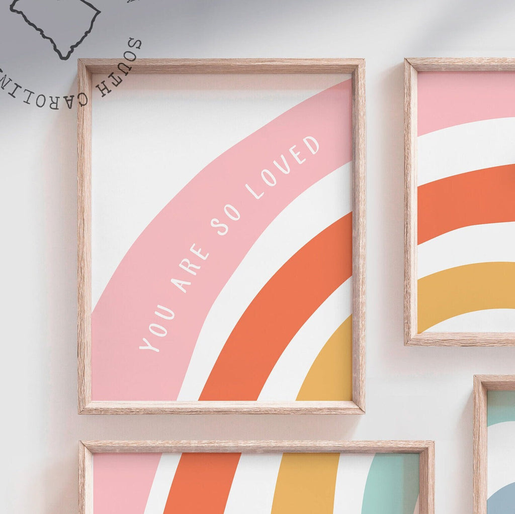 Rainbow monogram print for girls, rainbow design with girls name monogram, girls bedroom decor, nursery decor, girls playroom wall art set