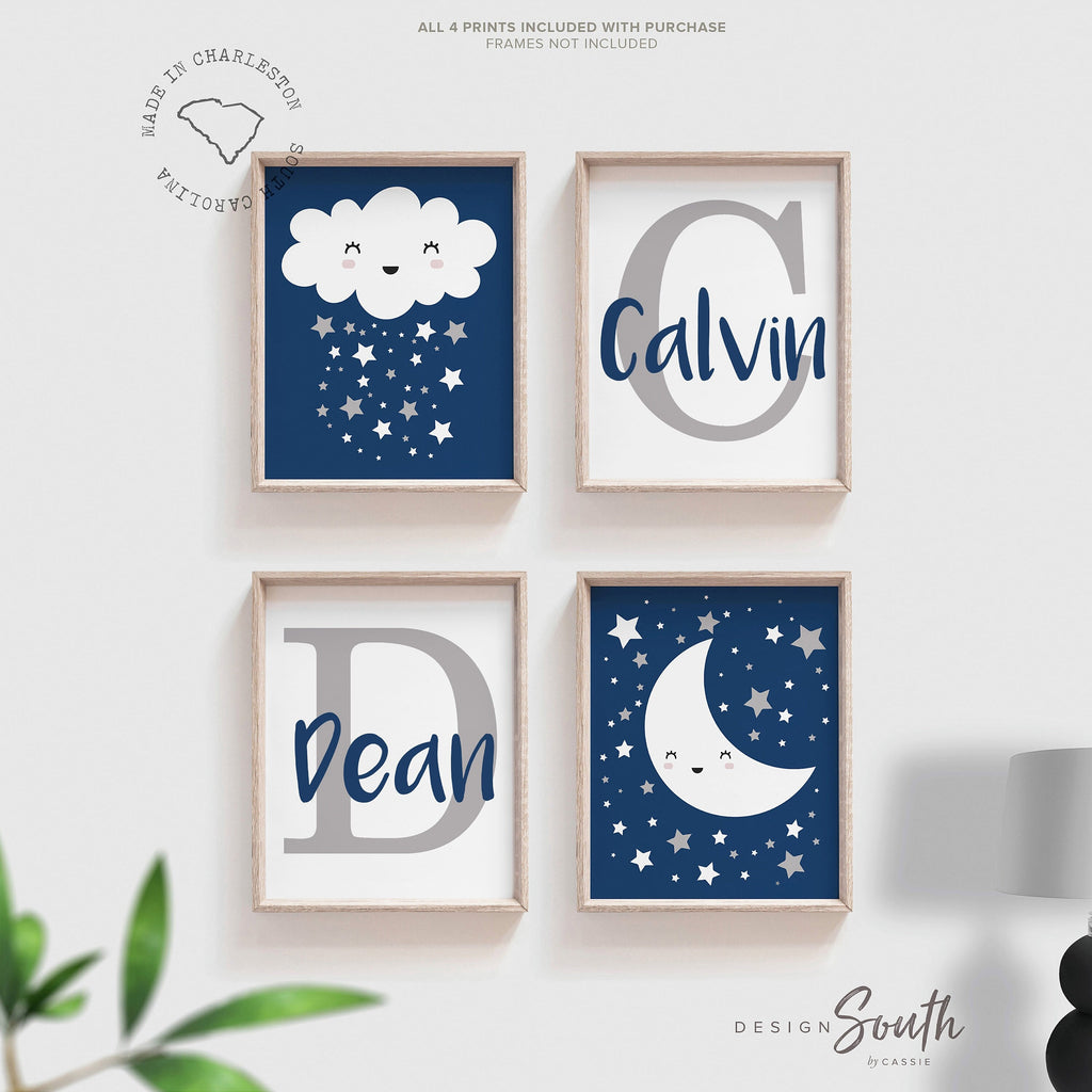 Shared boy bedroom, twin boys nursery wall art prints, navy blue and gray celestial theme moon stars clouds, personalized name and initial