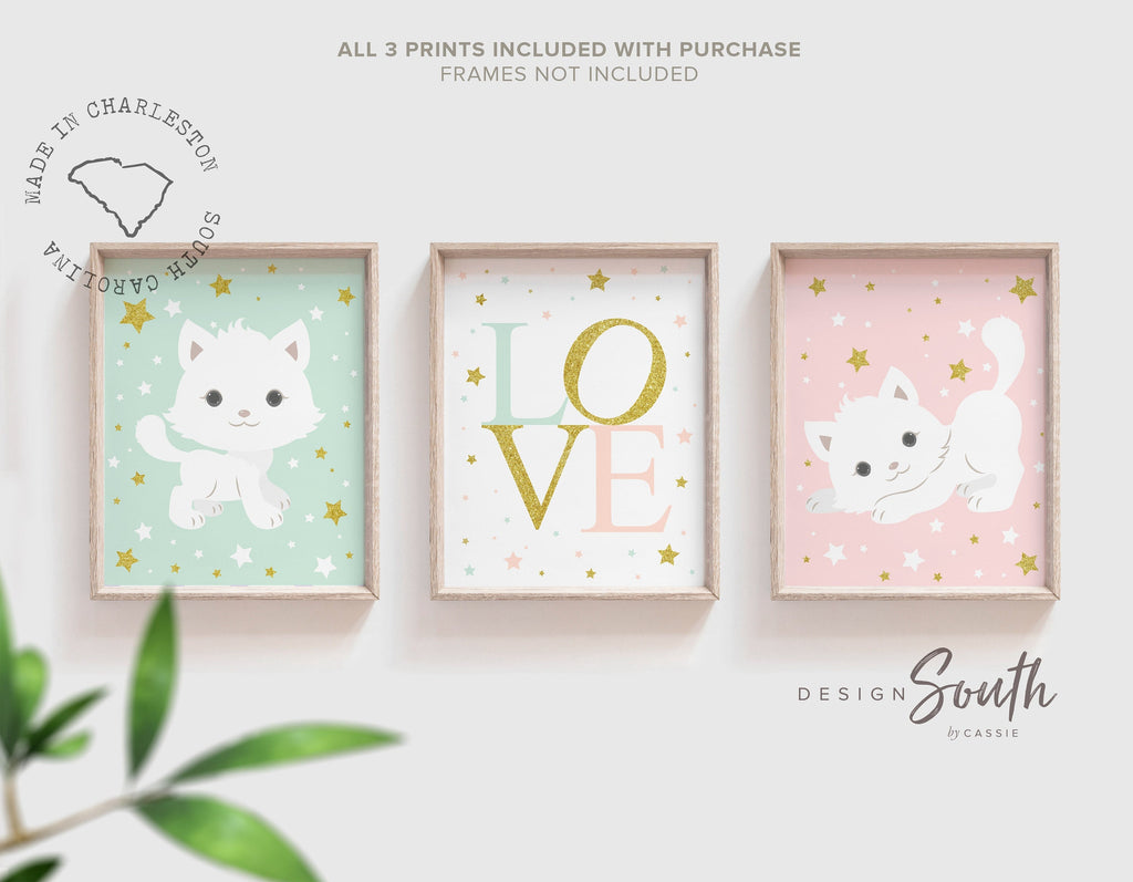 Kitty cat nursery, mint pink love nursery art, kitten baby shower gift, girls kitty decor, wall art kitty nursery, little girls room cats