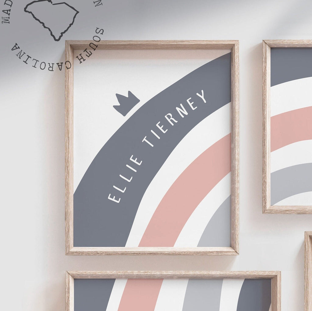 Baby girl rose mauve muted pink and soft denim navy blue nursery, personalized name rainbow pink blue girl, baby girl denim blue nursery art