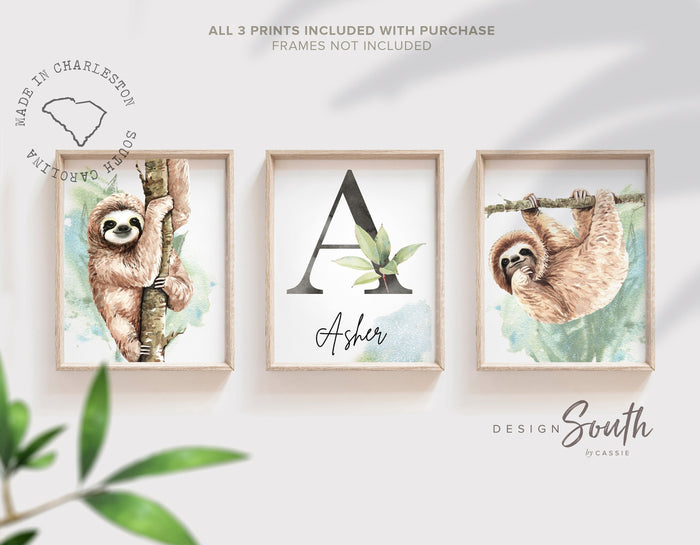 Sloth wall art for boys, sloth themed room personalized name, boys nature animal bedroom art prints, sloth boy decor, wall art child decor