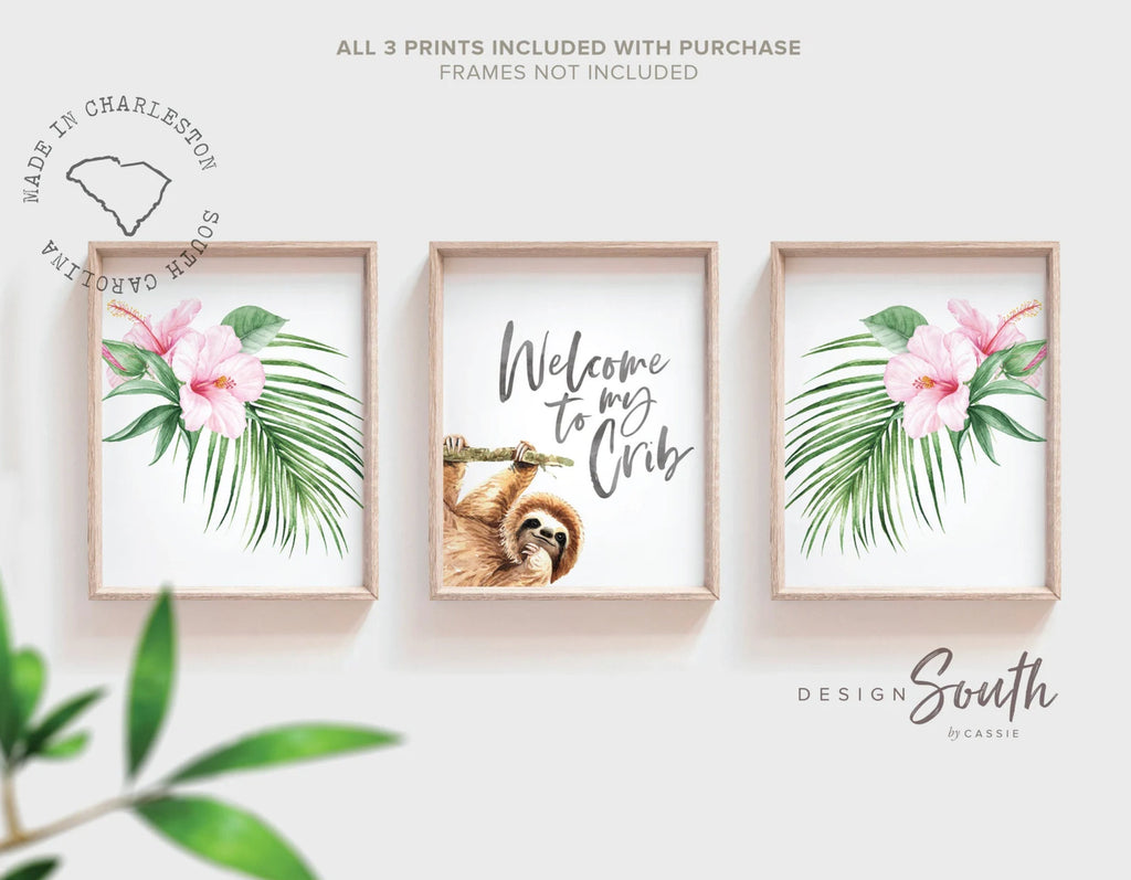 Sloth nursery wall art green and pink, trendy girl sloth nursery, sloth prints with flowers, sloth nursery theme ideas, above crib cloth art