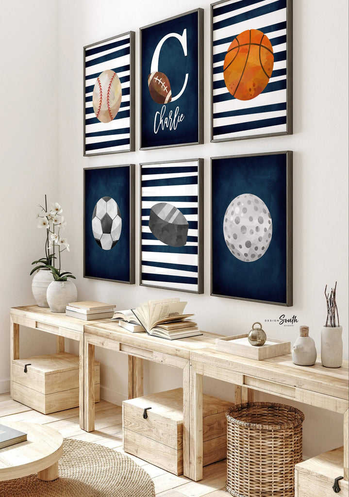 Sports collection print set boys name, sports theme wall pictures, sports art personalized gift, baseball football kids wall art boy nursery