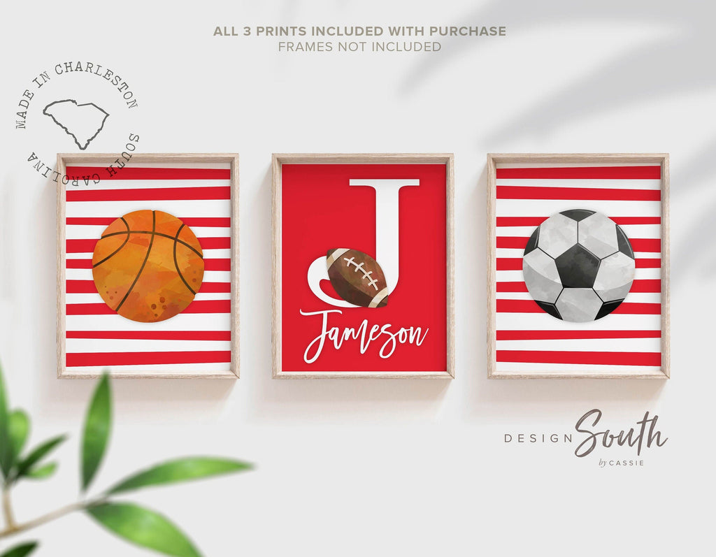 Sports nursery decor, sports art boys room, kids bedroom personalized sports prints, artwork above crib sports theme, sports boys monogram