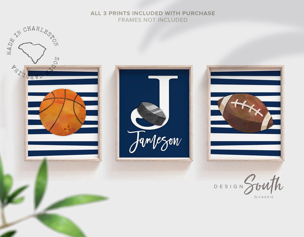 Sports personalized gift for boy, sports theme nursery, boys name art prints sports, basketball hockey football name decor navy blue stripes