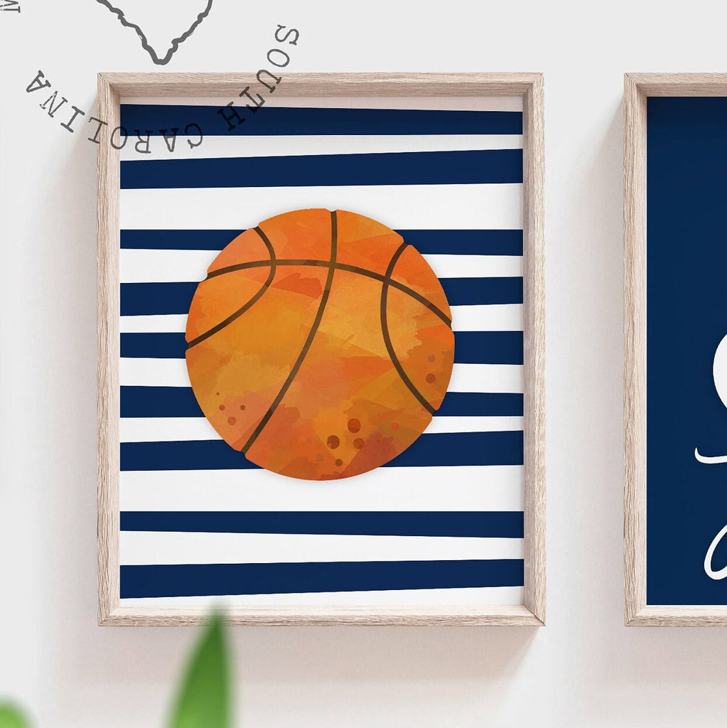 Sports personalized gift for boy, sports theme nursery, boys name art prints sports, basketball hockey football name decor navy blue stripes