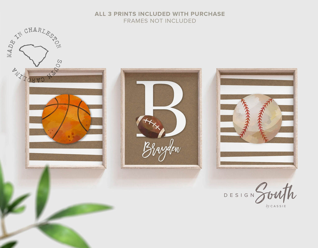 Sports room art, sports wall prints customized kids name, nursery decor sports theme, set of three above crib sports, boy bedroom sports art
