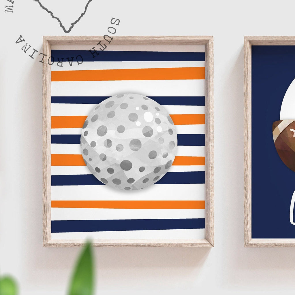 Sports wall art navy blue and orange, retro sports decor gift, sports art, personalized name picture sports theme, little boy sports custom