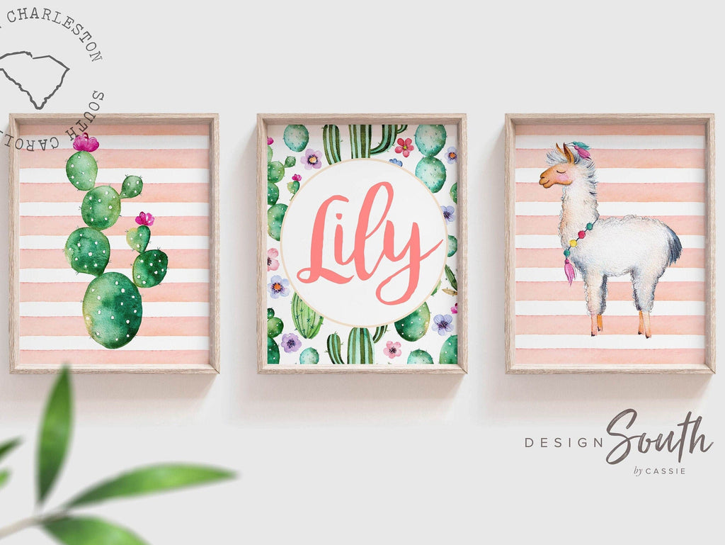 Succulent kids room art, personalized name, baby gift boho, desert cactus, baby shower llama cactus succulents, llama prints, girls room art