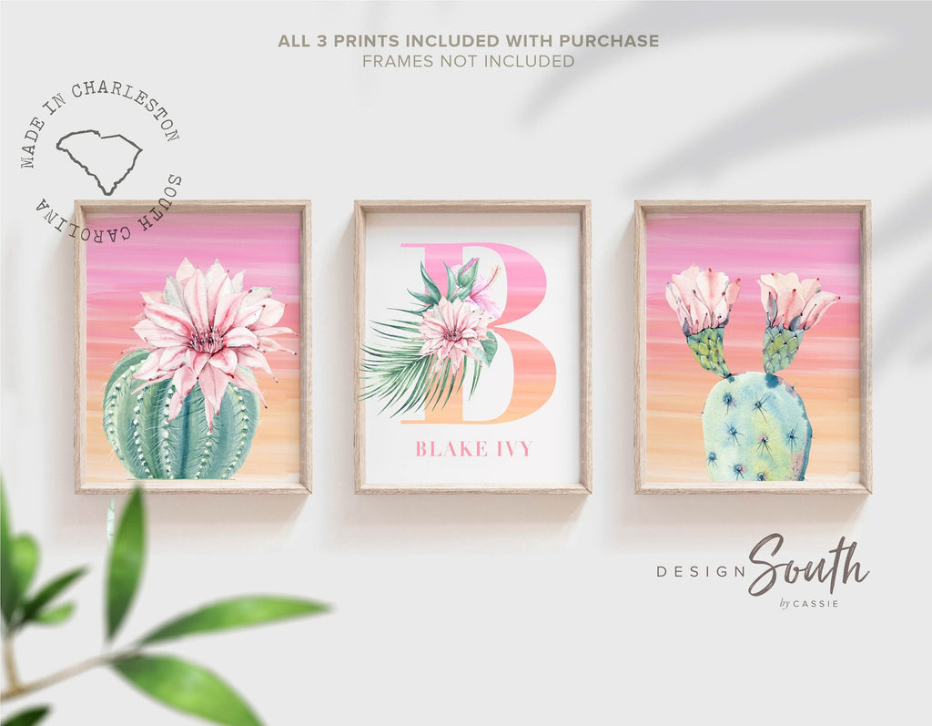 Summer palm desert tropical nursery kid, chic desert cactus baby room, pink orange desert themed room, girls name initial cactus blooms art