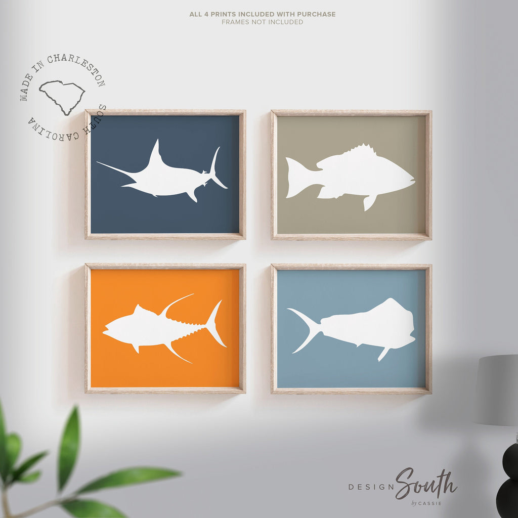 Toddler room fish theme bedroom, wall art little boy fisherman, saltwater fish wall art prints, orange & navy blue, fish bedroom or nursery