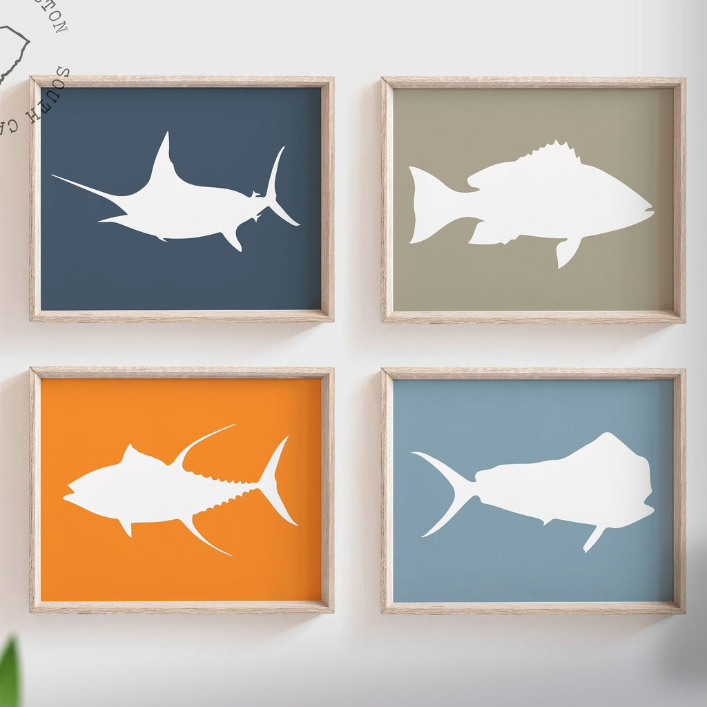 Toddler room fish theme bedroom, wall art little boy fisherman, saltwater fish wall art prints, orange & navy blue, fish bedroom or nursery