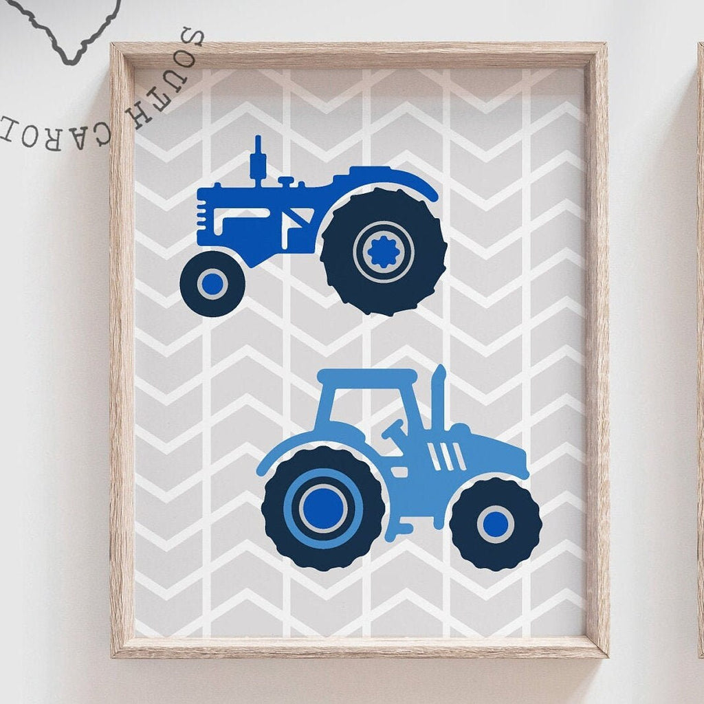Tractor trucks, blue tractor nursery art, farm tractors boy bedroom decor, tractor gift for boy personalized name, boys nursery art tractors