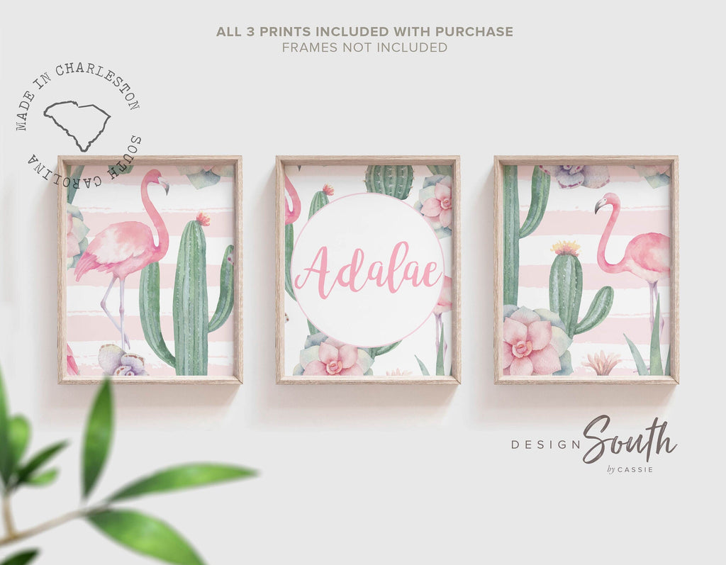 Tropical nursery, pink flamingo nursery cactus tropical flowers, green tropical leaves nursery, flamingo cactus, personalized baby girl gift