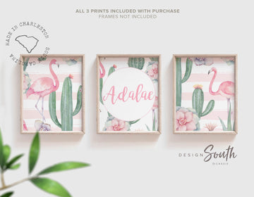 Tropical nursery, pink flamingo nursery cactus tropical flowers, green tropical leaves nursery, flamingo cactus, personalized baby girl gift