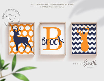 Boys nursery decor navy blue and orange deer, nursery deer art, orange buck deer nursery, deer theme, hunting nursery personalized name baby